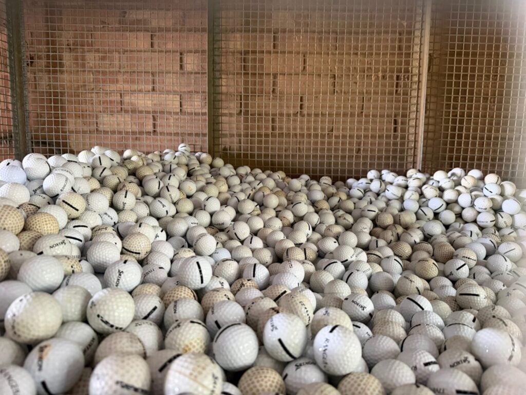 dirty golf balls being washed